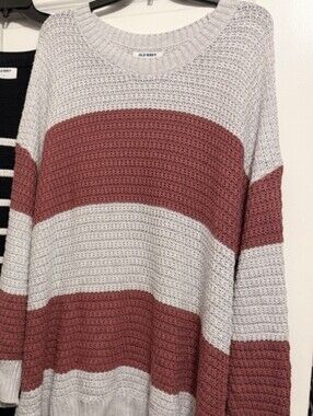 Old Navy Gray and Dusty Rose Striped Scoop Neck Sweater